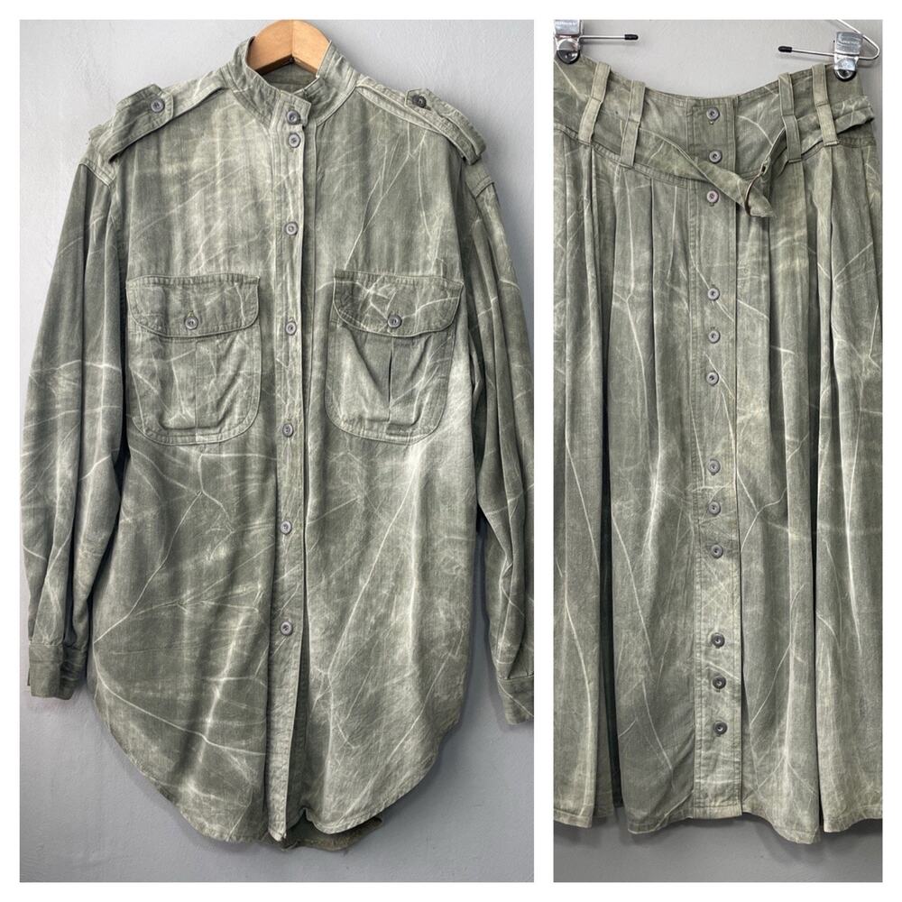 Vintage Outfit Size Small Green Denim Tie Dye Shirt Skirt Rodeo Western Cowgirl
